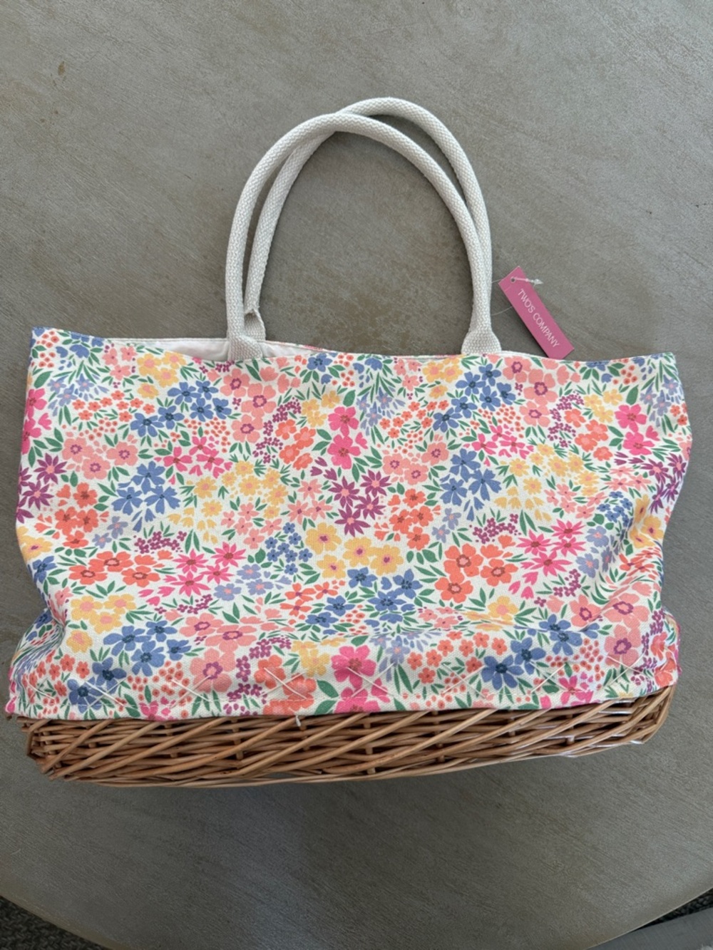 Two's Company Pink Multi Floral Canvas Tote with Woven Base